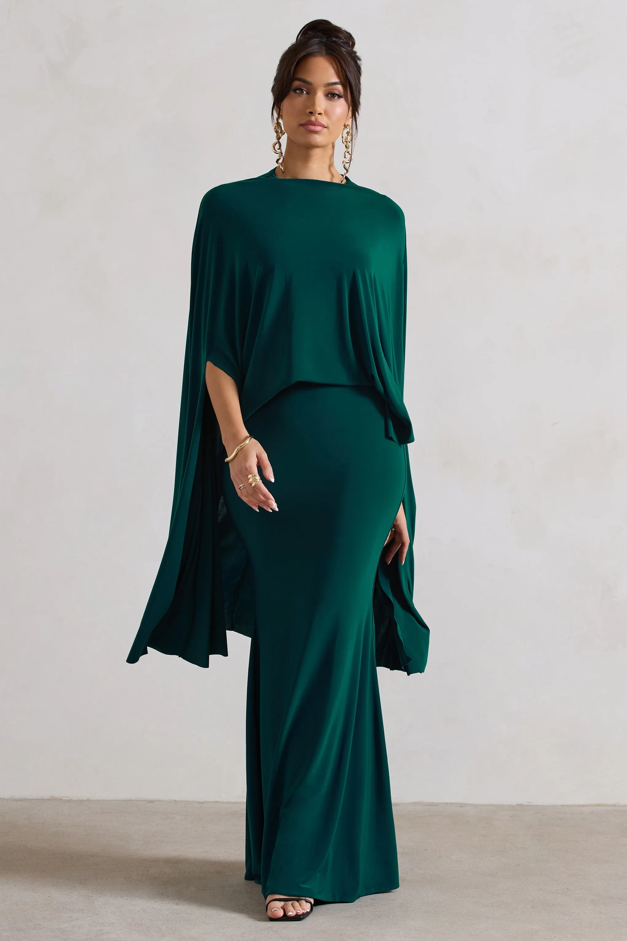 Charmaine | Bottle Green High-Neck Maxi Dress With Cape sold by Club L London product image thumbnail 4
