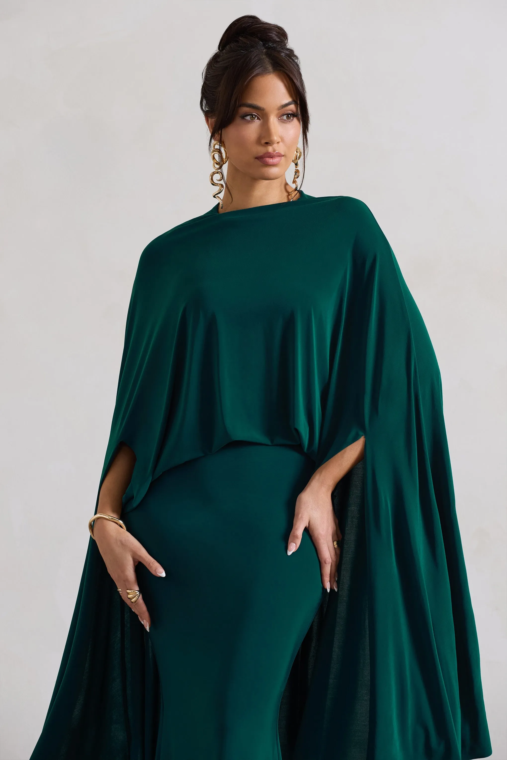Charmaine | Bottle Green High-Neck Maxi Dress With Cape sold by Club L London product image thumbnail 3