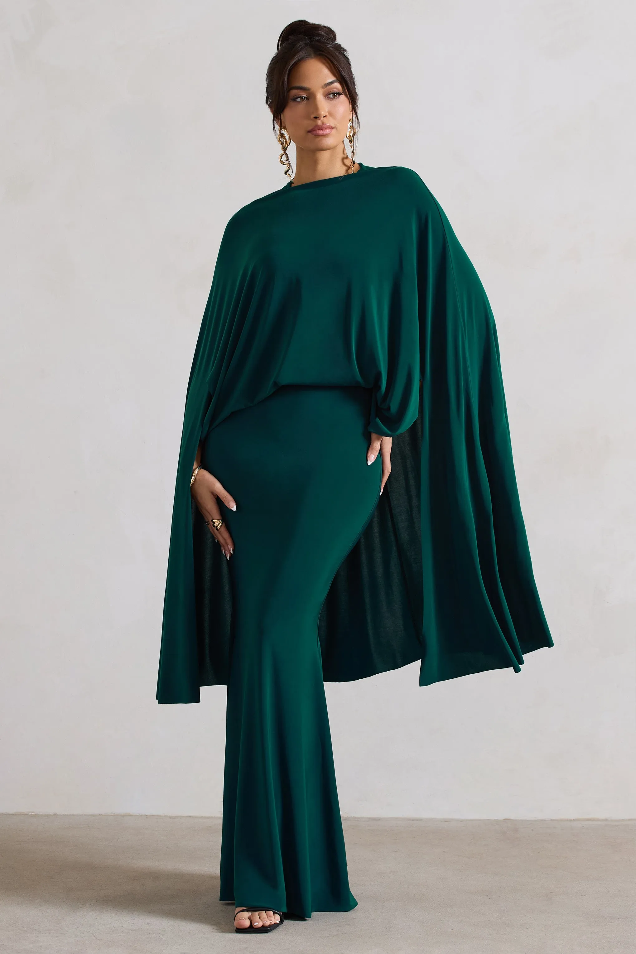 Charmaine | Bottle Green High-Neck Maxi Dress With Cape sold by Club L London product image thumbnail 5