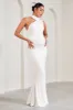 Sylvia | White Ruched Asymmetric Maternity Maxi Dress With Wrap-Collar sold by Club L London