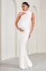 Sylvia | White Ruched Asymmetric Maternity Maxi Dress With Wrap-Collar sold by Club L London