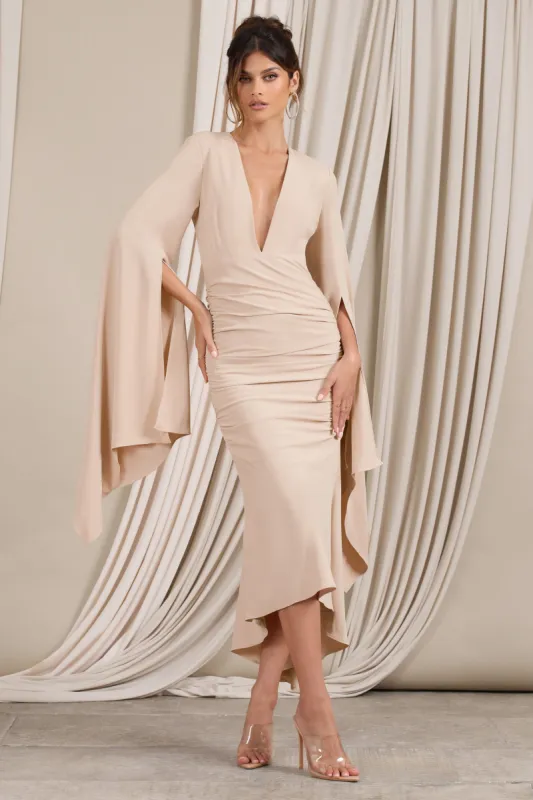 Calla | Champagne Ruched Long-Sleeved Flared Midi Dress sold by Club L London