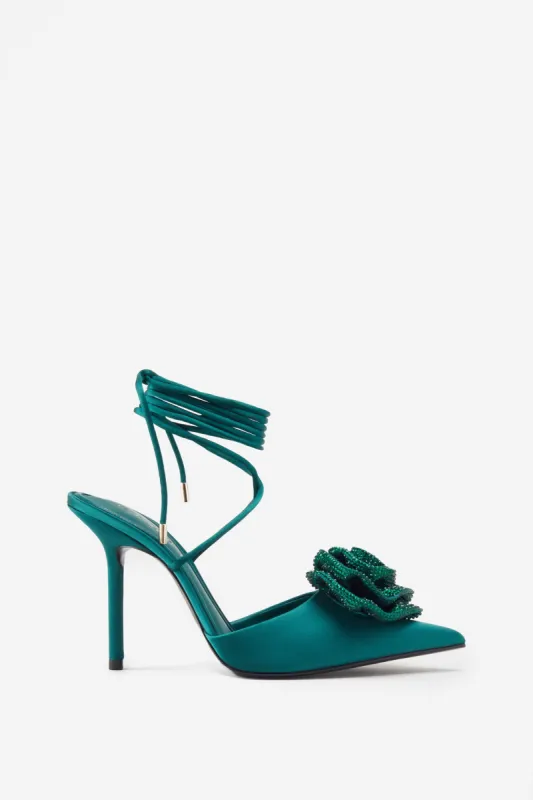 Sharpened | Green Lace-Up Stiletto Heels With Diamante Flowers sold by Club L London