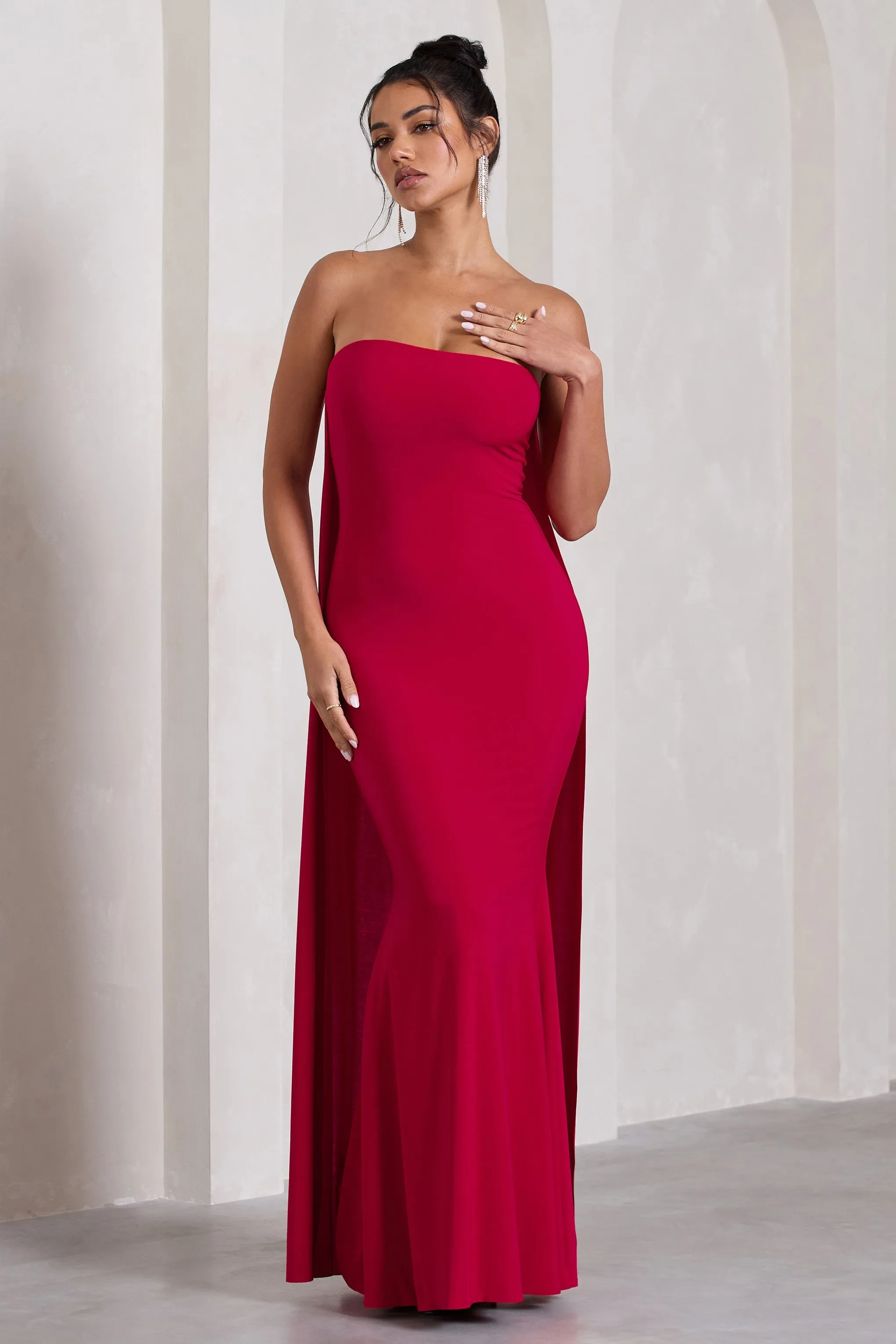 Christina | Red Bandeau Sleeveless Maxi Dress With Cape sold by Club L London product image thumbnail 4