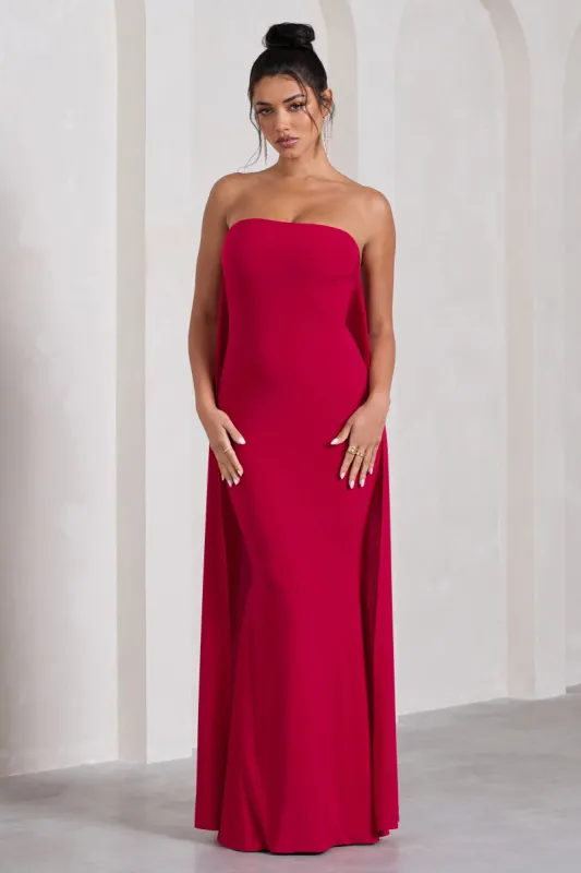 Christina | Red Bandeau Sleeveless Maxi Dress With Cape sold by Club L London
