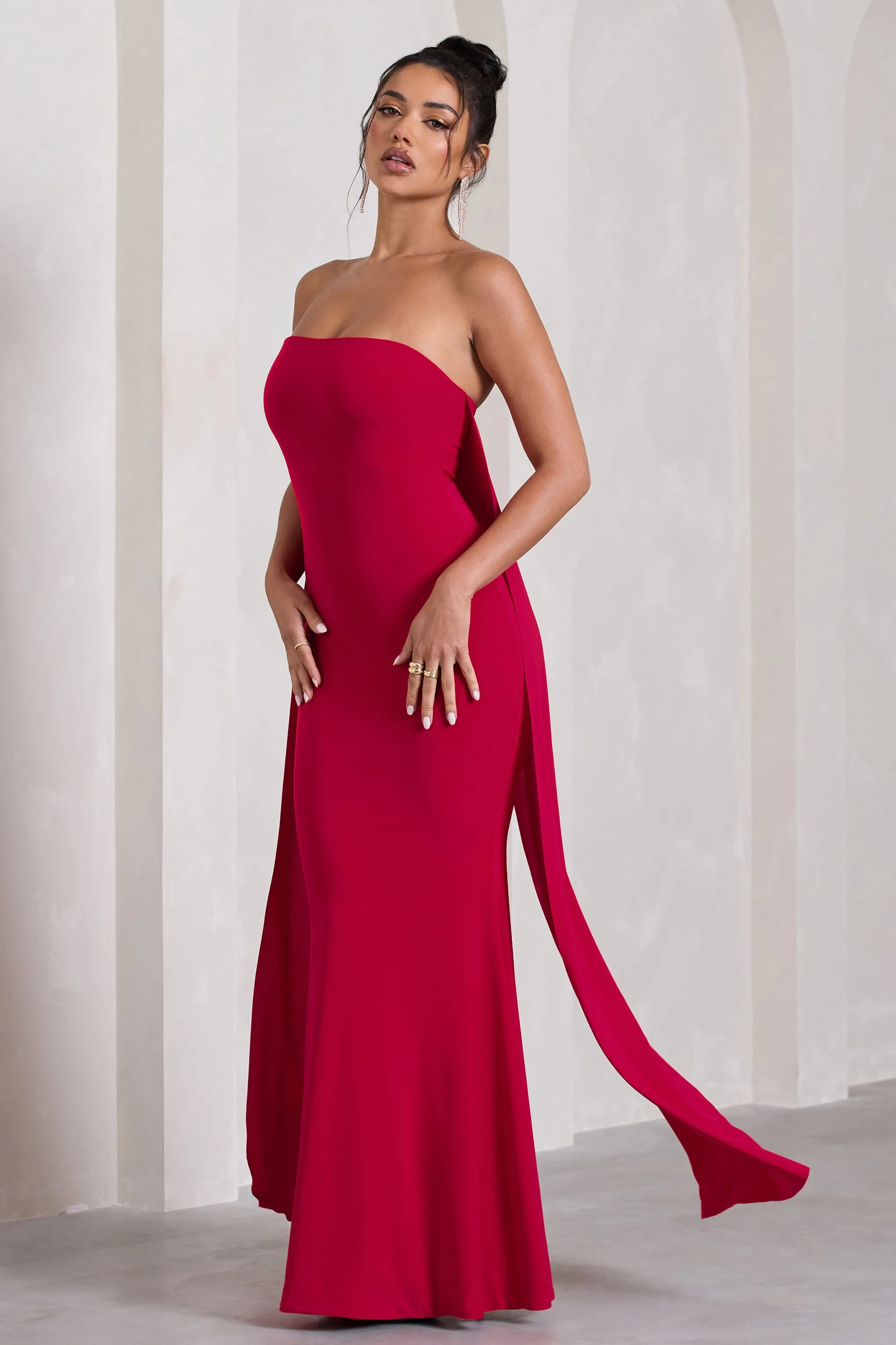 Christina | Red Bandeau Sleeveless Maxi Dress With Cape sold by Club L London product image thumbnail 5