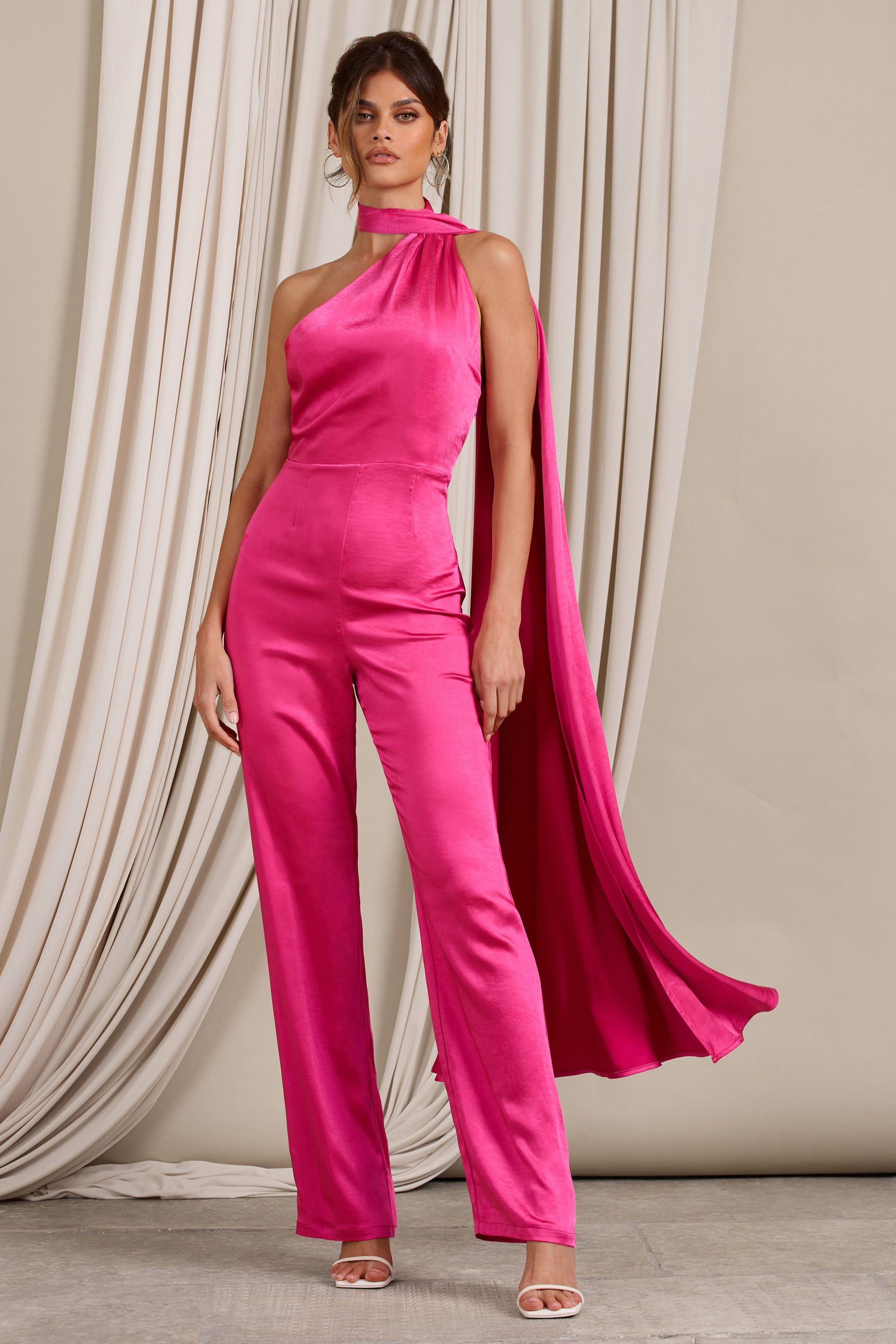 Cascada | Hot Pink Satin Wide Leg Jumpsuit With Statement Scarf Neck sold by Club L London