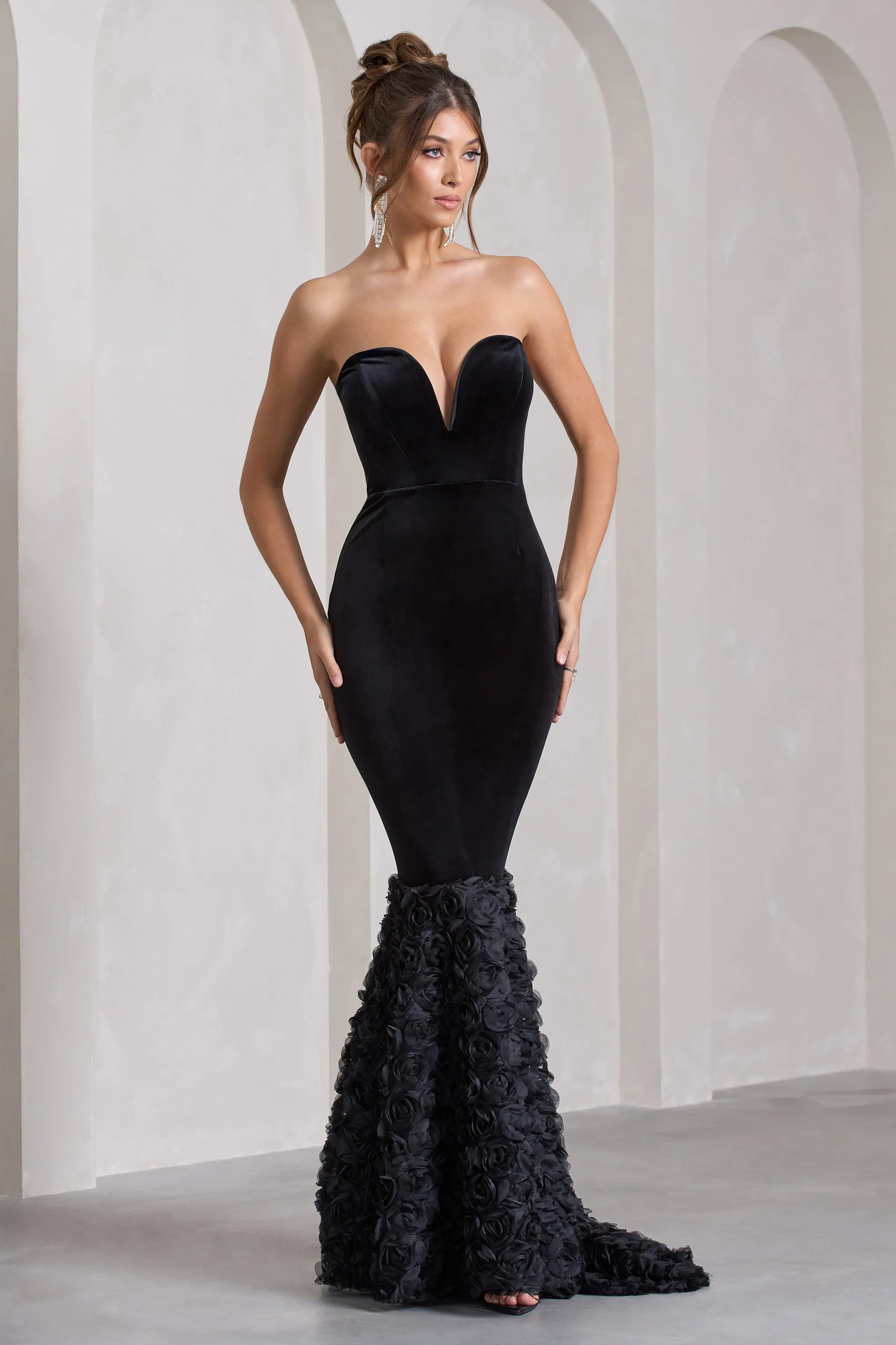 Whirling | Black Velvet Sweetheart Fishtail Maxi Dress With Flowers sold by Club L London product image thumbnail 4