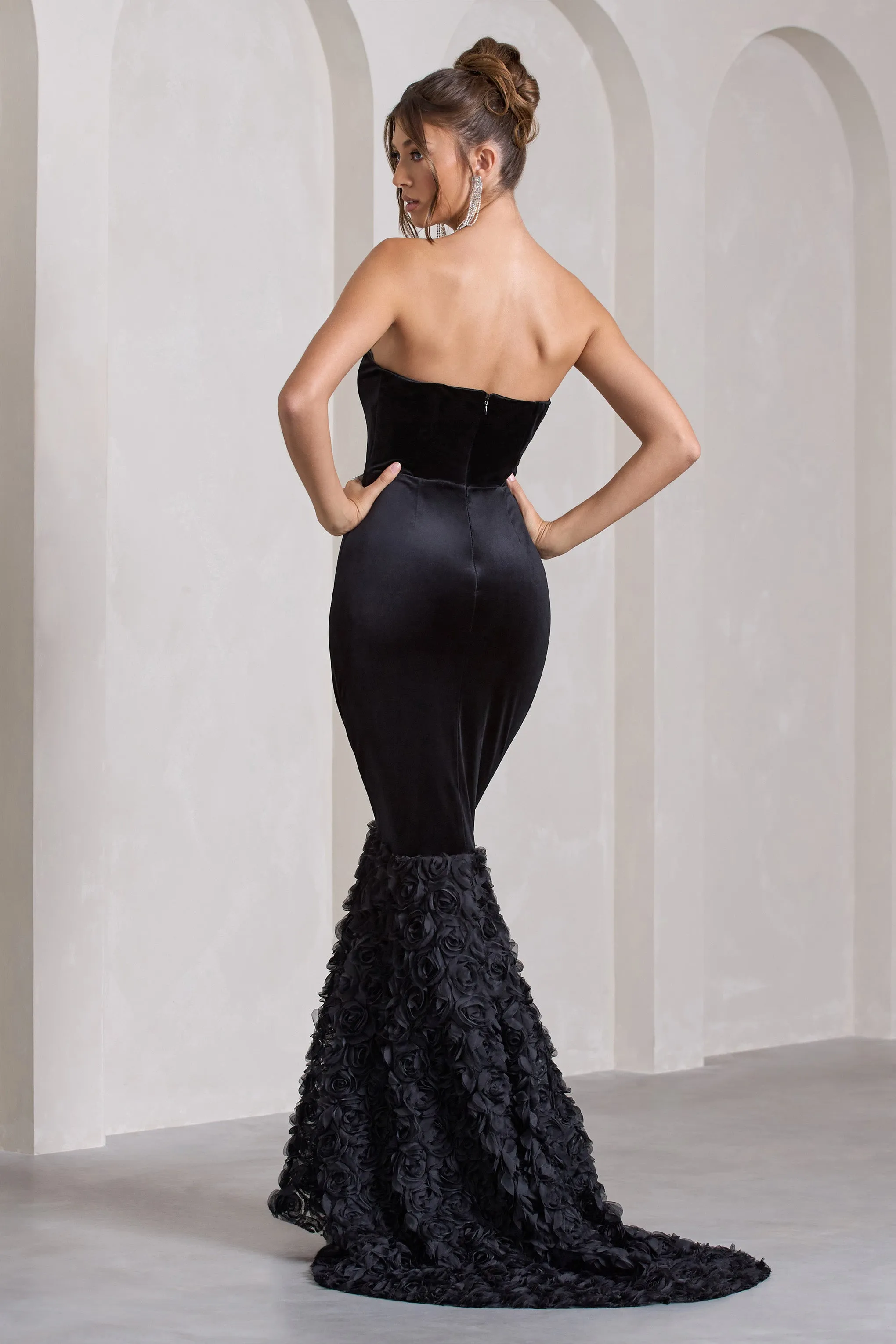 Whirling | Black Velvet Sweetheart Fishtail Maxi Dress With Flowers sold by Club L London product image thumbnail 2