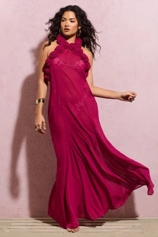 Naelya | Dark Pink Chiffon Halter-Neck Maxi Dress With Corsages sold by Club L London
