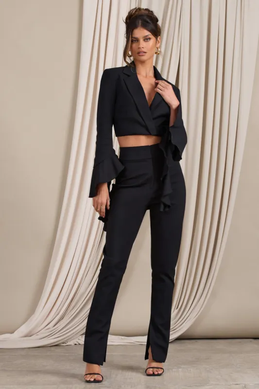 Addilyn | Black Cotton-Blend Tailored Straight-Leg Split Trousers sold by Club L London