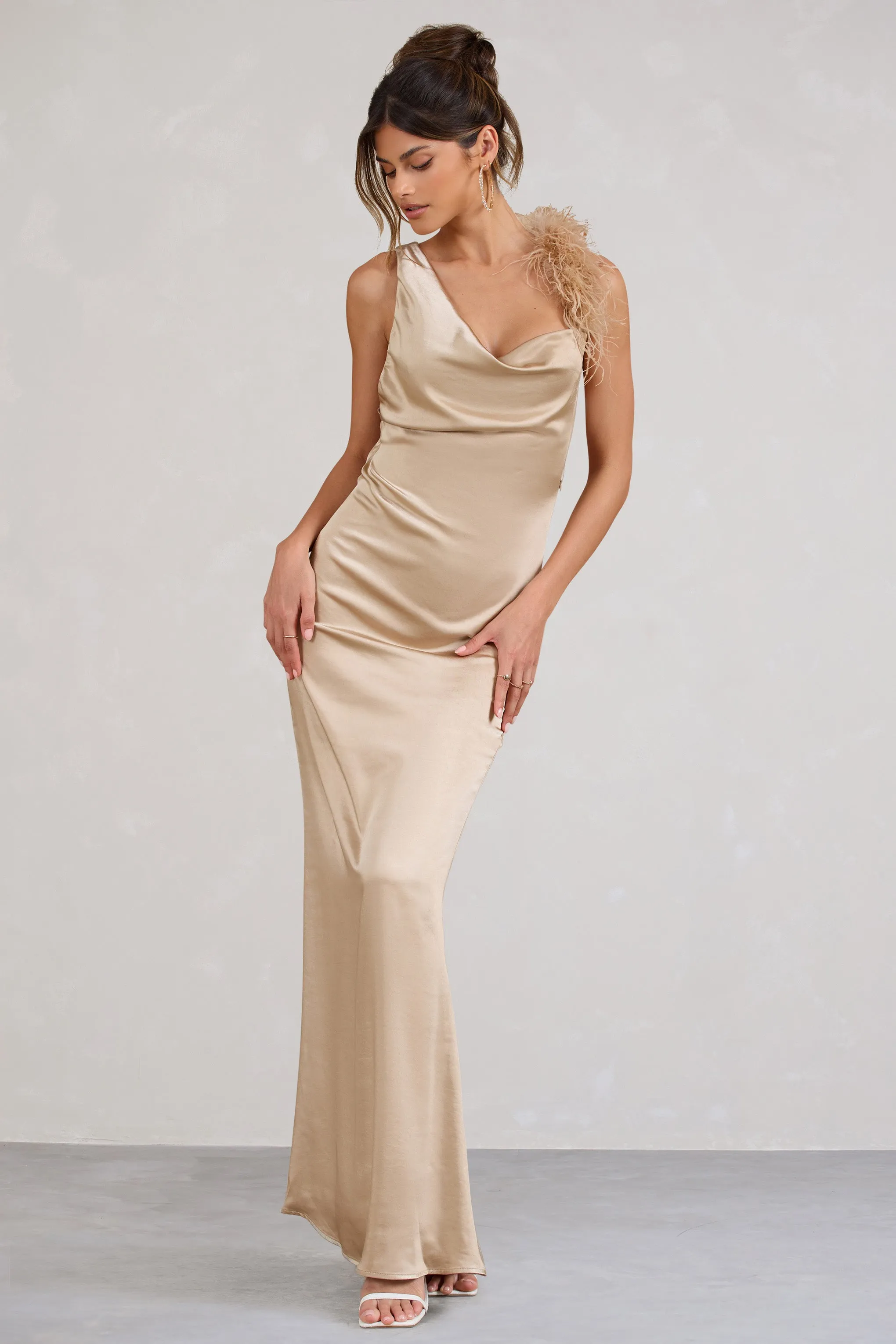 Cherish Me | Gold Satin Asymmetric Cowl Maxi Dress With Feather Strap sold by Club L London product image thumbnail 4
