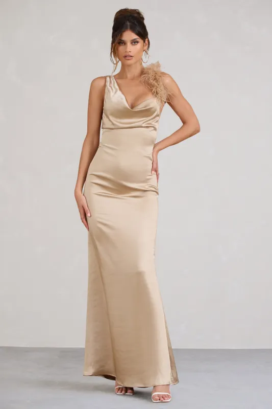 Cherish Me | Gold Satin Asymmetric Cowl Maxi Dress With Feather Strap sold by Club L London