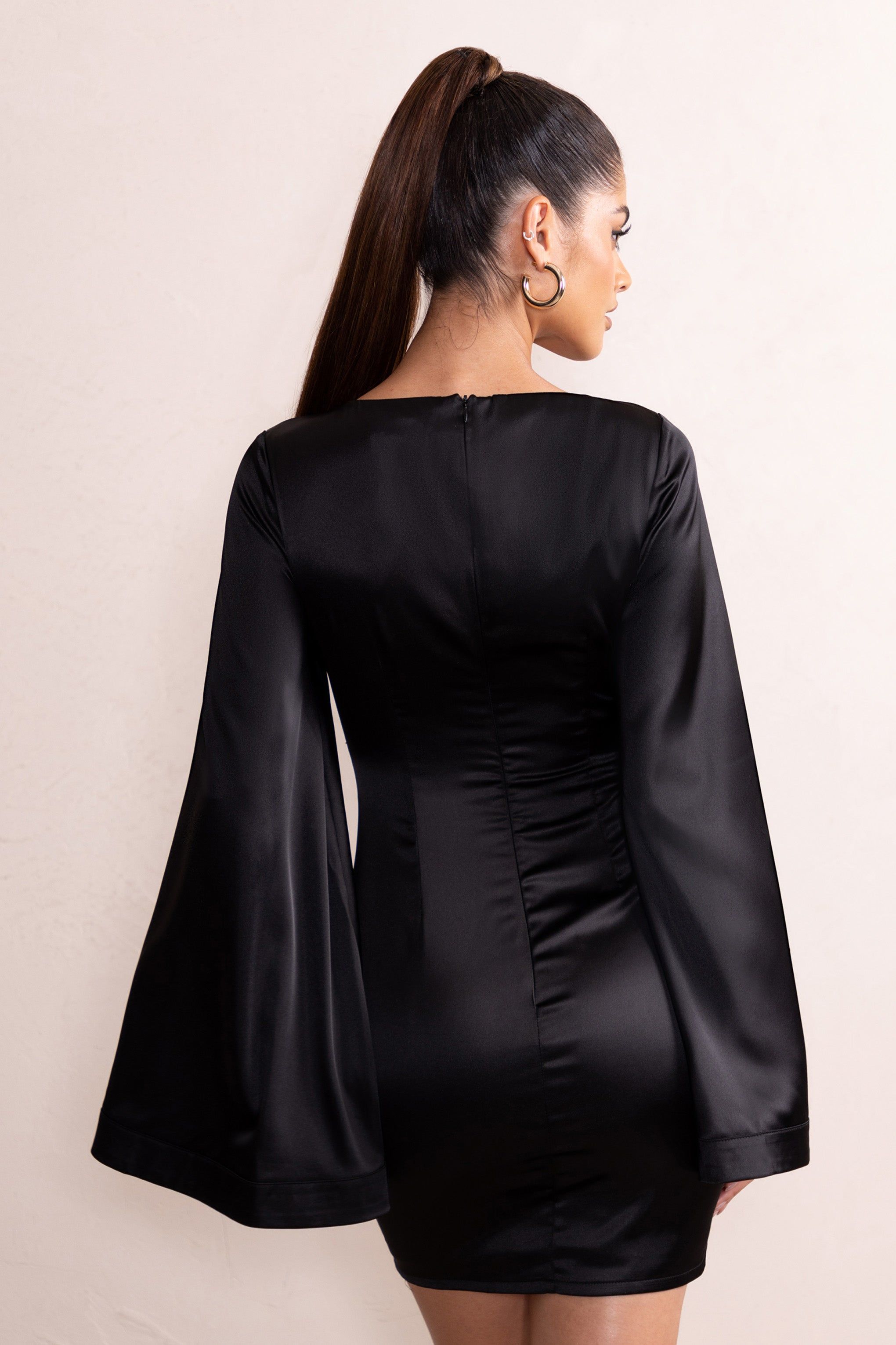 Aubrey | Black Plunge Neck Kimono Sleeve Mini Dress sold by Club L London product image thumbnail 2