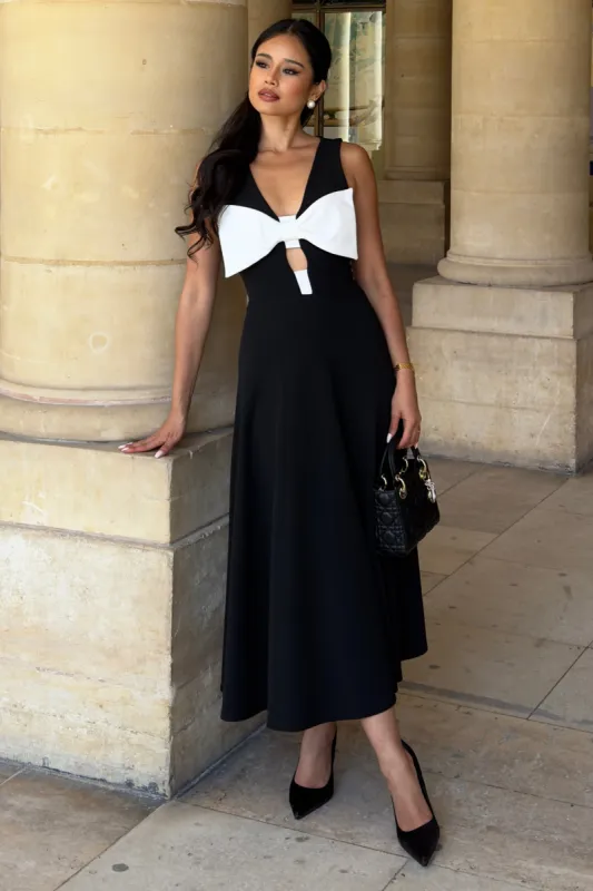 Primrose | Black Plunge-Neck Midi Dress With White Bow made by Club L London