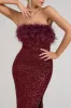 Old Money | Burgundy Bodycon Sequin Maxi Dress With Feather Trim sold by Club L London