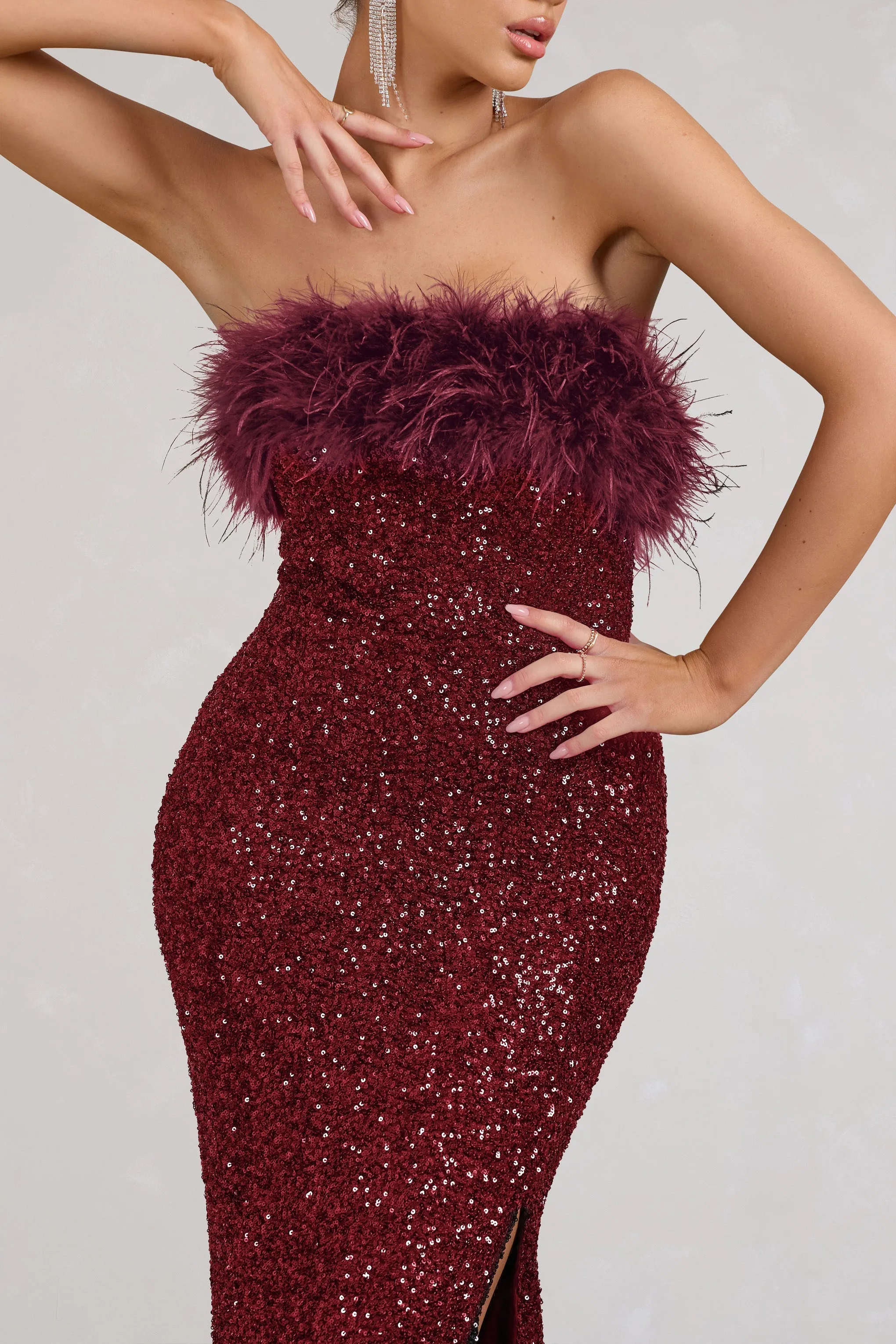 Old Money | Burgundy Bodycon Sequin Maxi Dress With Feather Trim sold by Club L London product image thumbnail 3