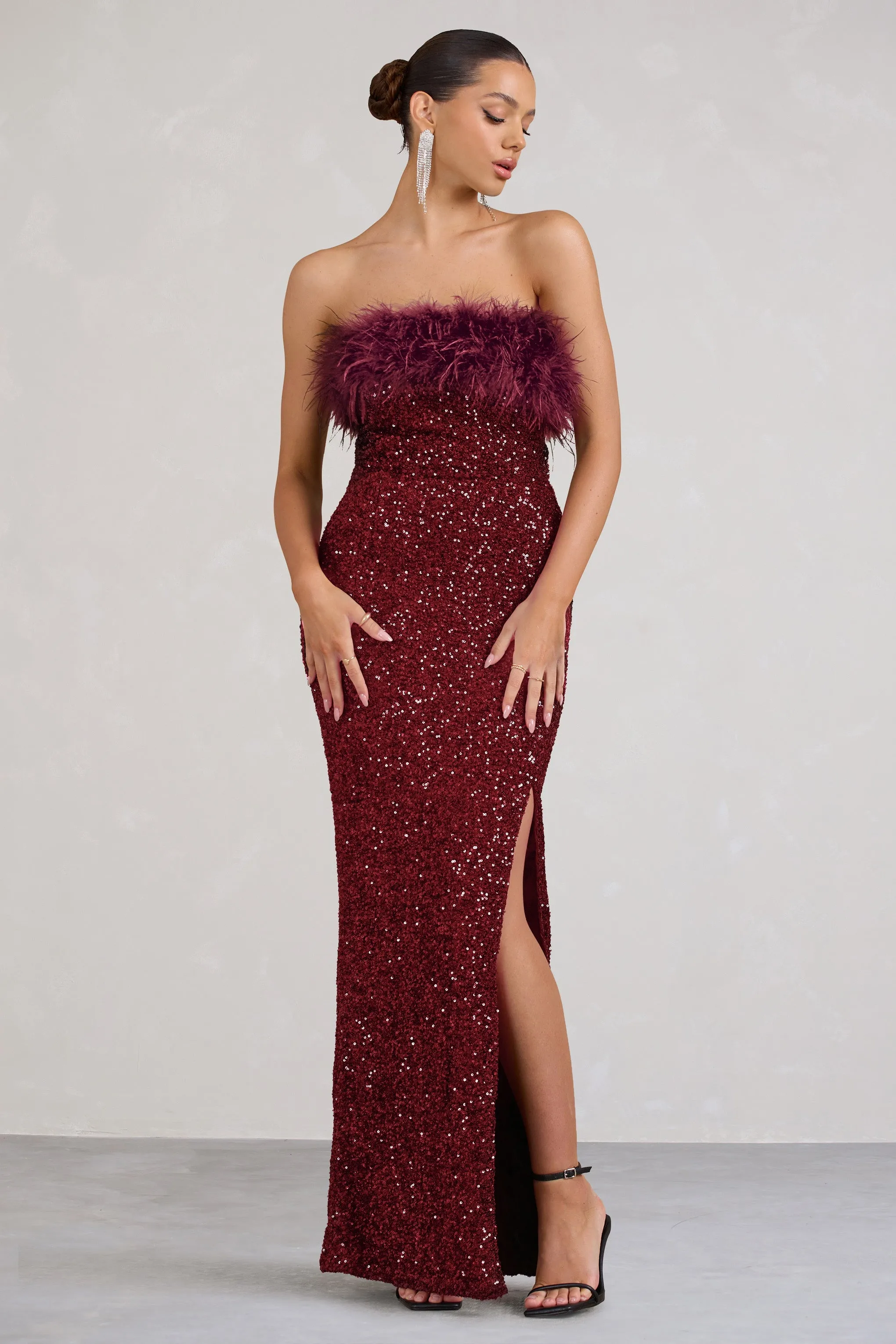 Old Money | Burgundy Bodycon Sequin Maxi Dress With Feather Trim sold by Club L London product image thumbnail 5