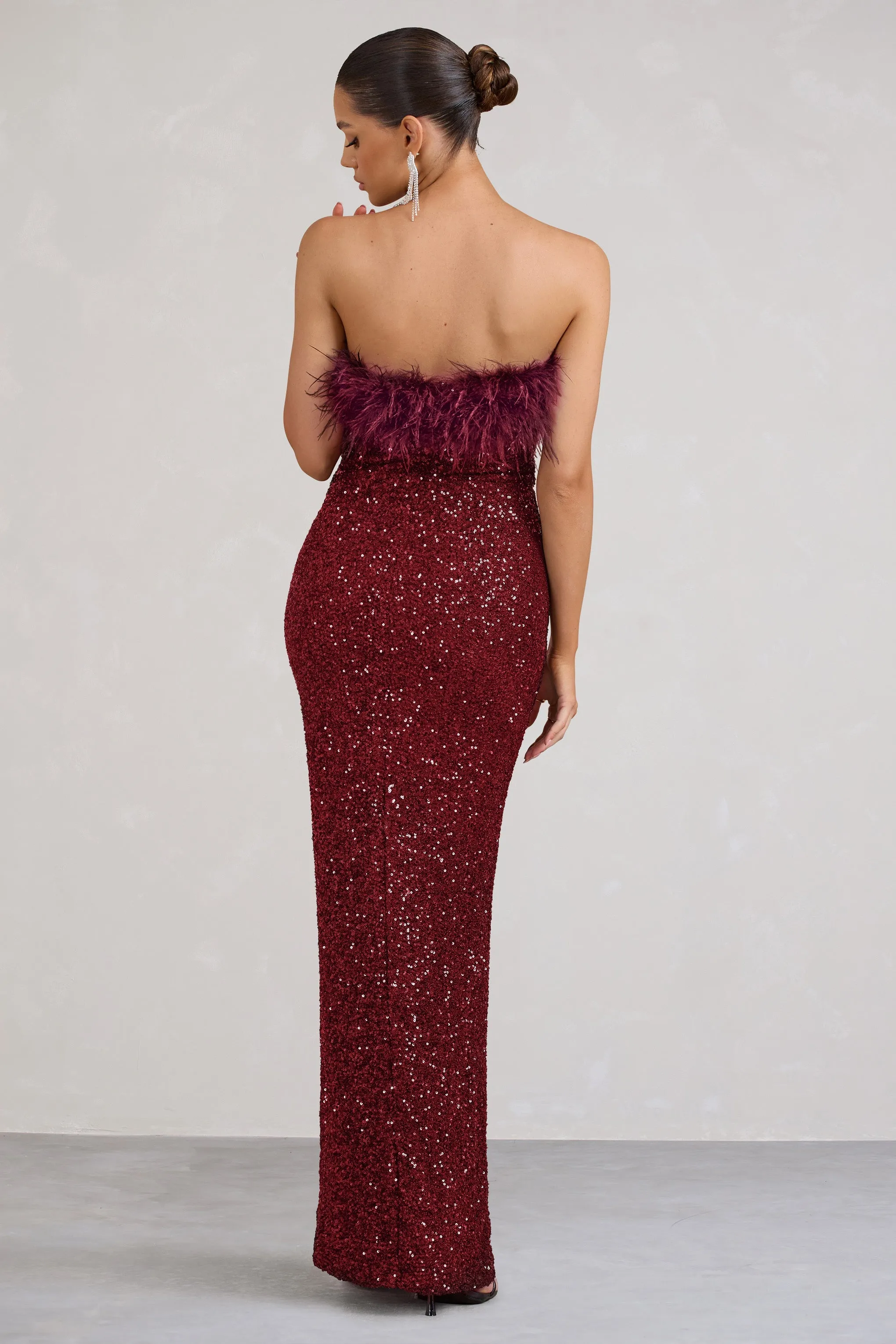 Old Money | Burgundy Bodycon Sequin Maxi Dress With Feather Trim sold by Club L London product image thumbnail 2