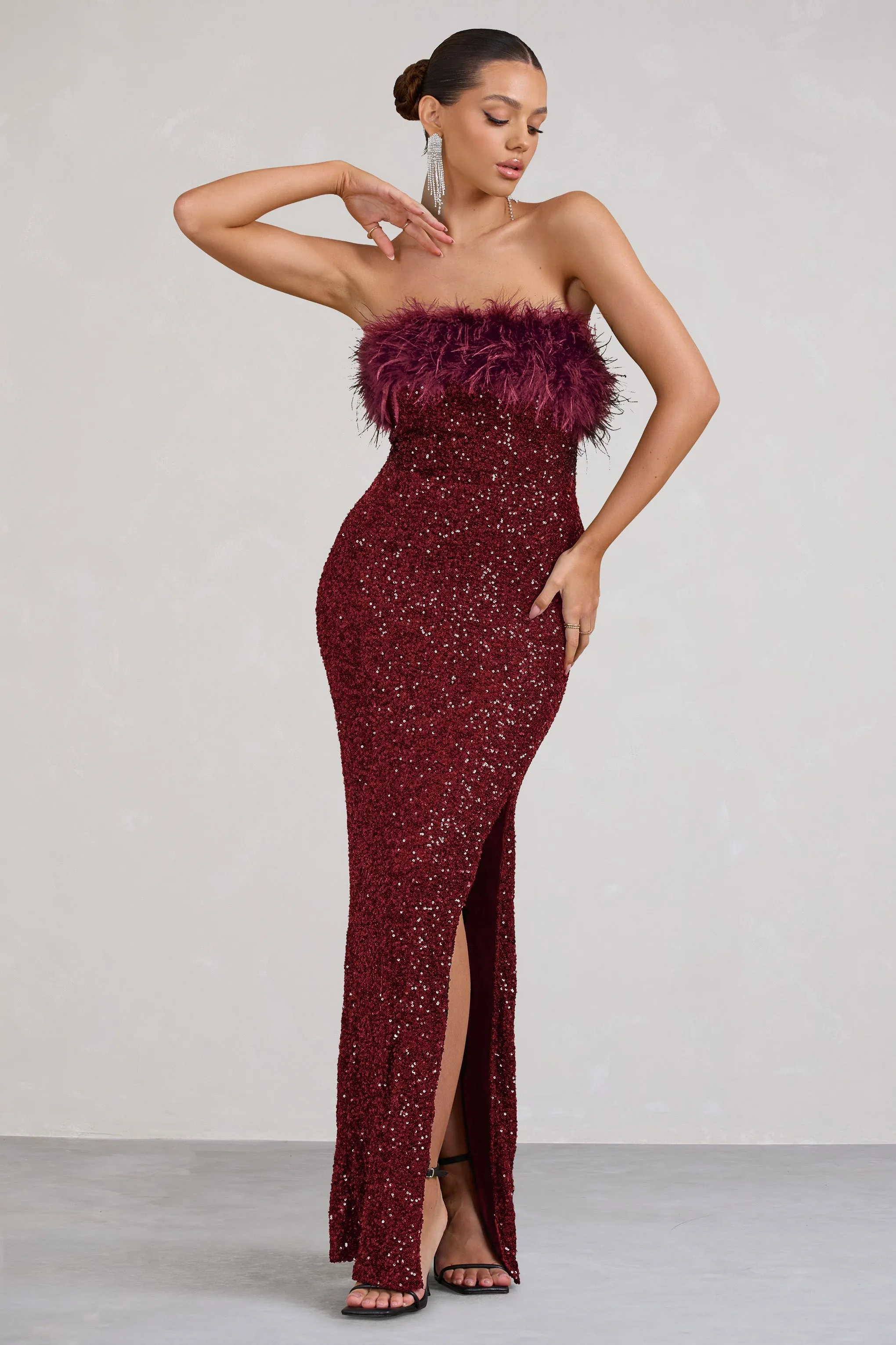 Old Money | Burgundy Bodycon Sequin Maxi Dress With Feather Trim sold by Club L London product image thumbnail 4
