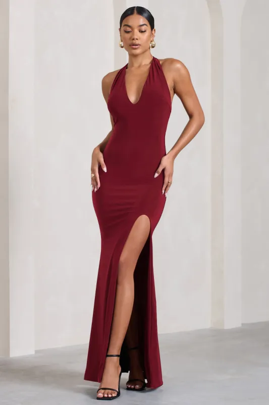 Glamour | Berry Backless V Plunge Halter Neck Maxi Dress With Side Split sold by Club L London