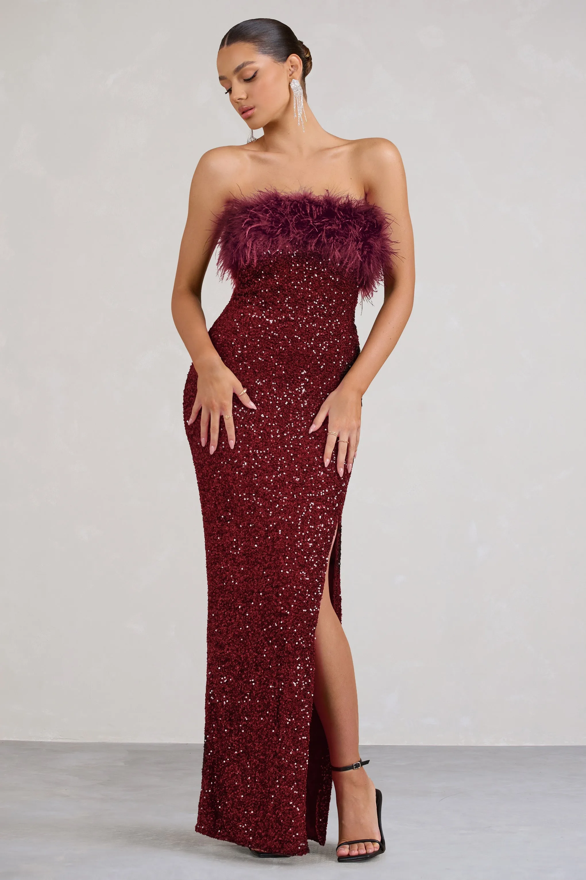 Old Money | Burgundy Bodycon Sequin Maxi Dress With Feather Trim sold by Club L London