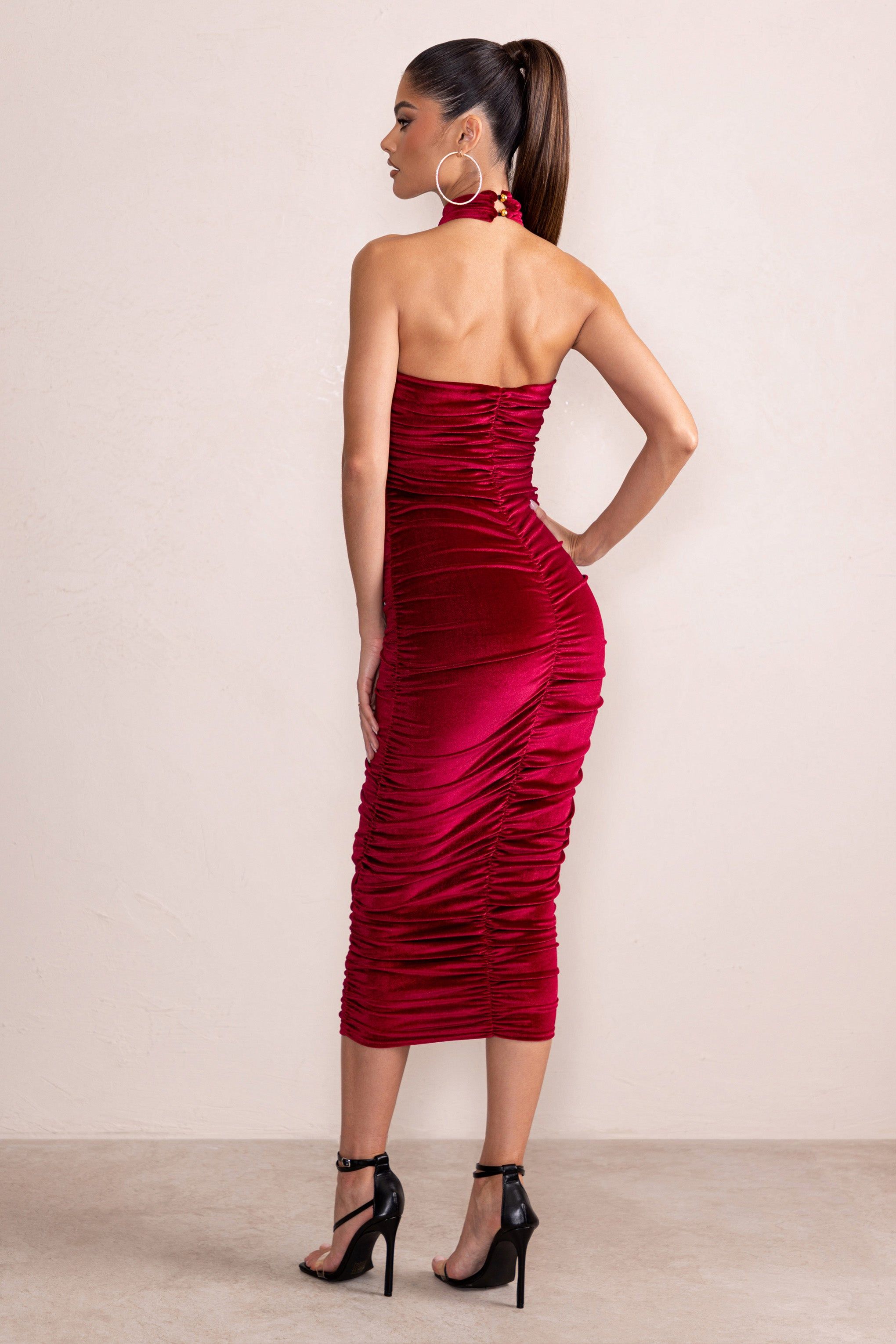 Hourglass | Berry Velvet Halterneck Ruched Midi Dress sold by Club L London product image thumbnail 2