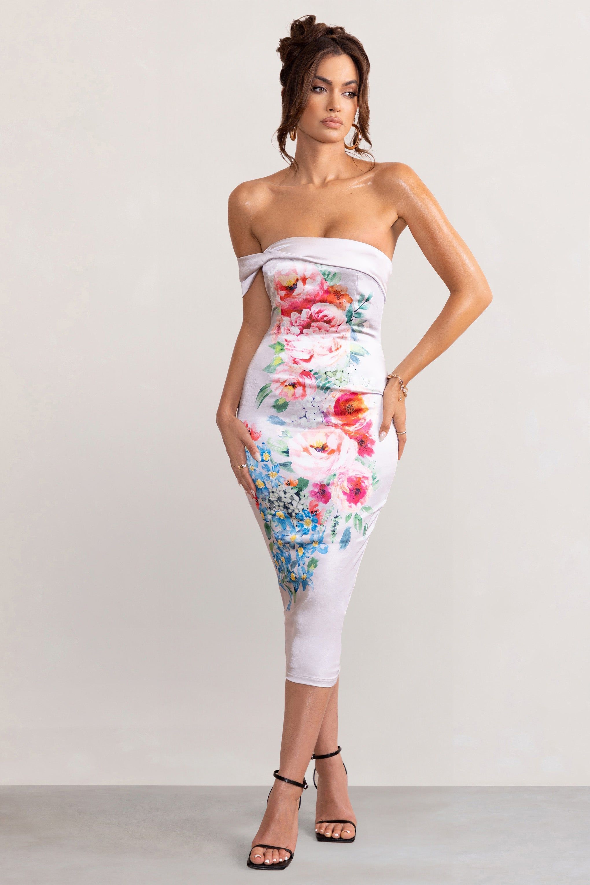 Leia | Pastel Lilac Floral Print Satin Bardot Twist Detail Midi Dress sold by Club L London product image thumbnail 4