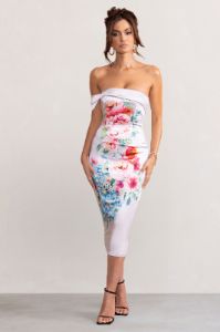 Leia | Pastel Lilac Floral Print Satin Bardot Twist Detail Midi Dress sold by Club L London