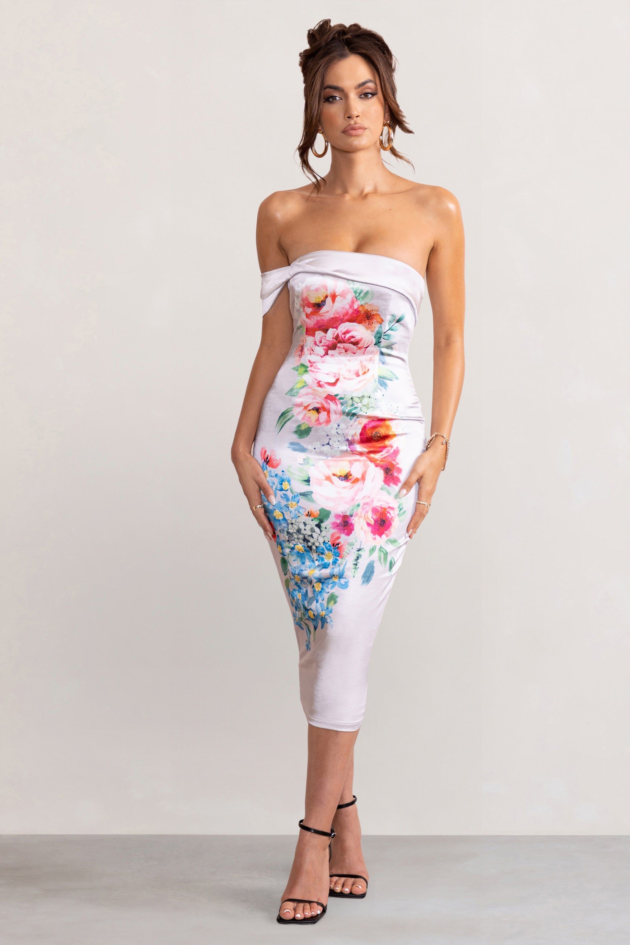 Leia | Pastel Lilac Floral Print Satin Bardot Twist Detail Midi Dress sold by Club L London