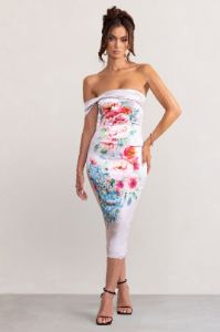Leia | Pastel Lilac Floral Print Satin Bardot Twist Detail Midi Dress sold by Club L London
