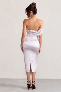 Leia | Pastel Lilac Floral Print Satin Bardot Twist Detail Midi Dress sold by Club L London