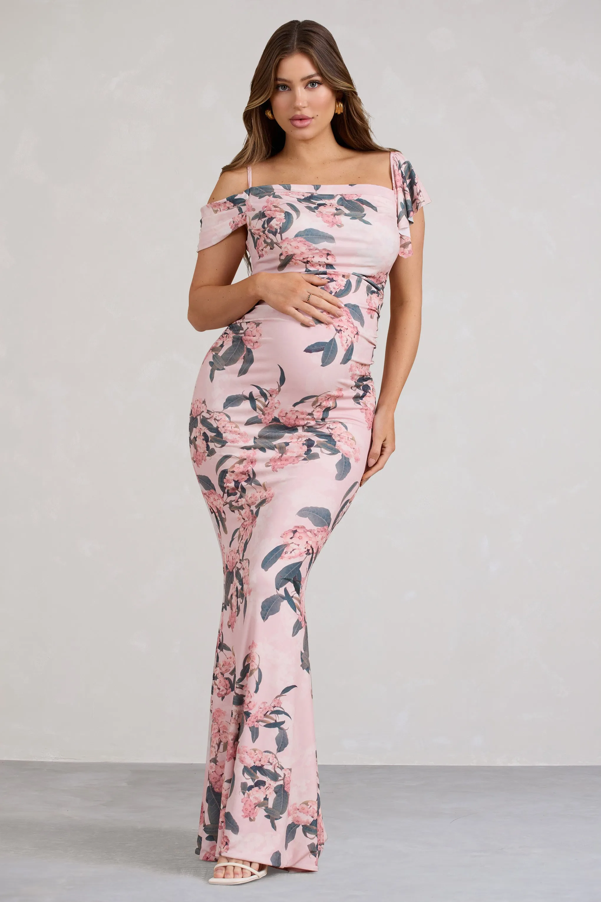 Merlot | Pink Floral Asymmetric Maternity Maxi Dress sold by Club L London product image thumbnail 4