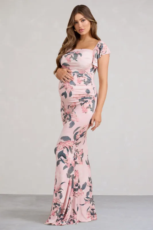 Merlot | Pink Floral Asymmetric Maternity Maxi Dress made by Club L London