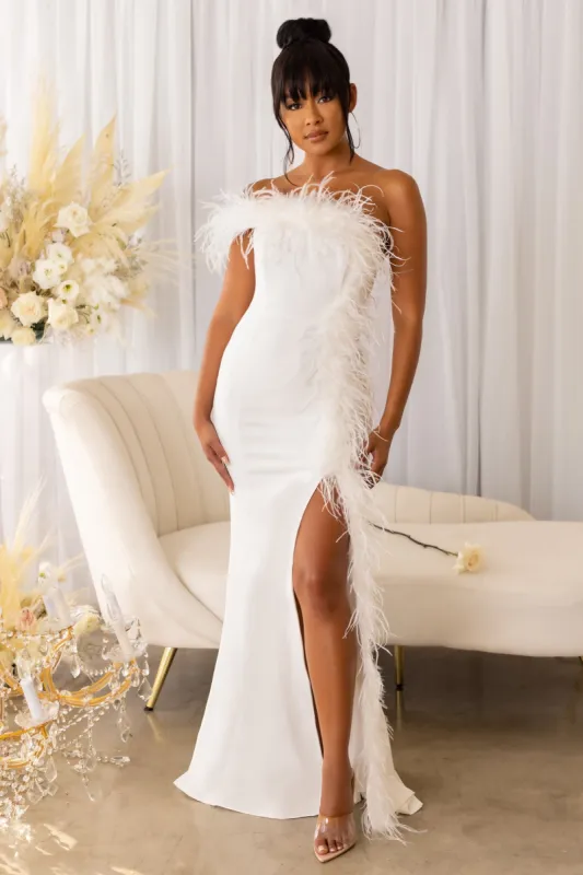 Pretty Close | Asymmetrical Feather Detail Maxi Dress sold by Club L London