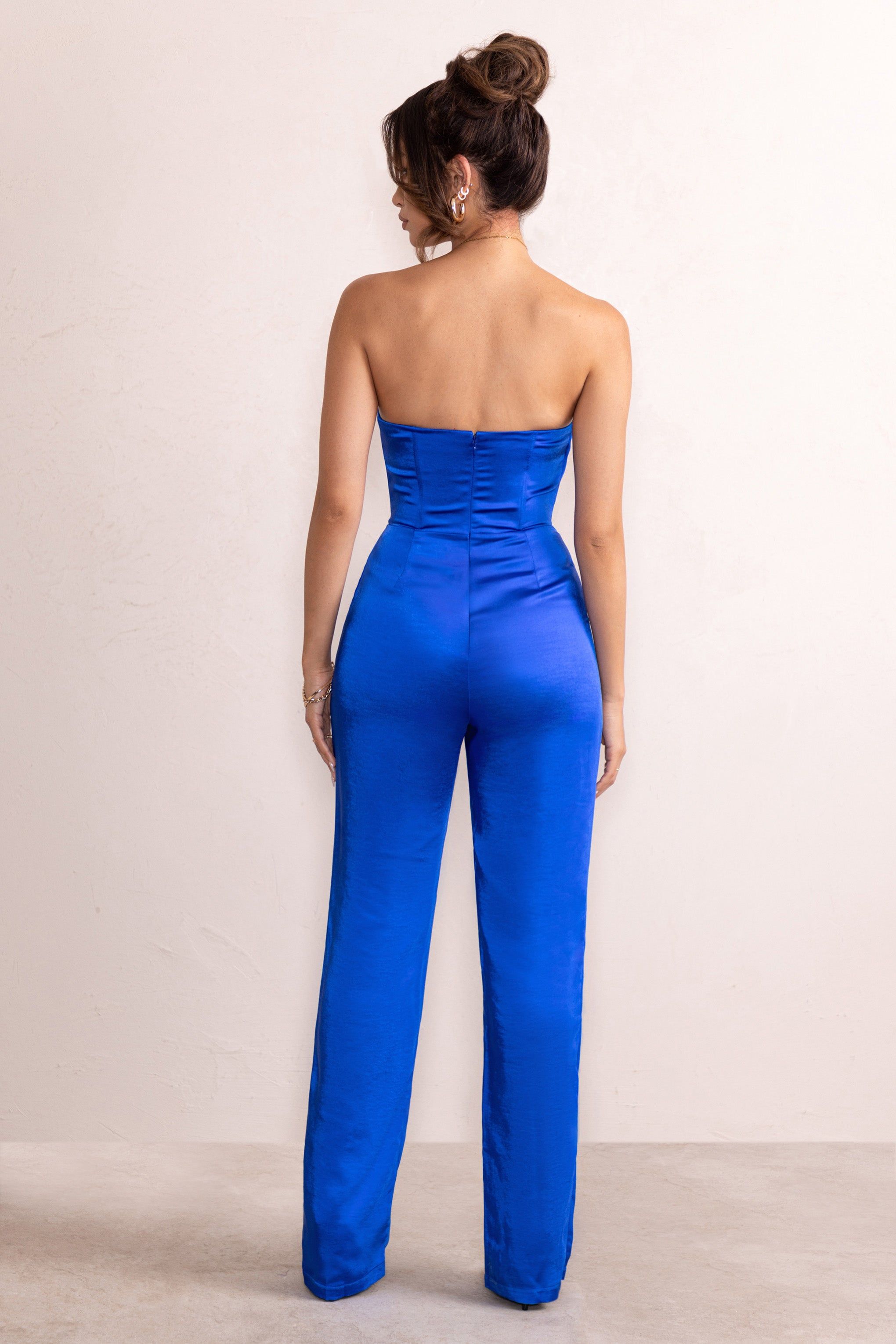 Amiah | Cobalt Blue Satin Strapless Straight Leg Jumpsuit sold by Club L London product image thumbnail 2