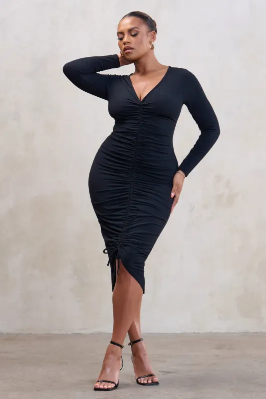 Centre Of Attention | Plus Black Long Sleeve Ruched Front Midi Dress sold by Club L London