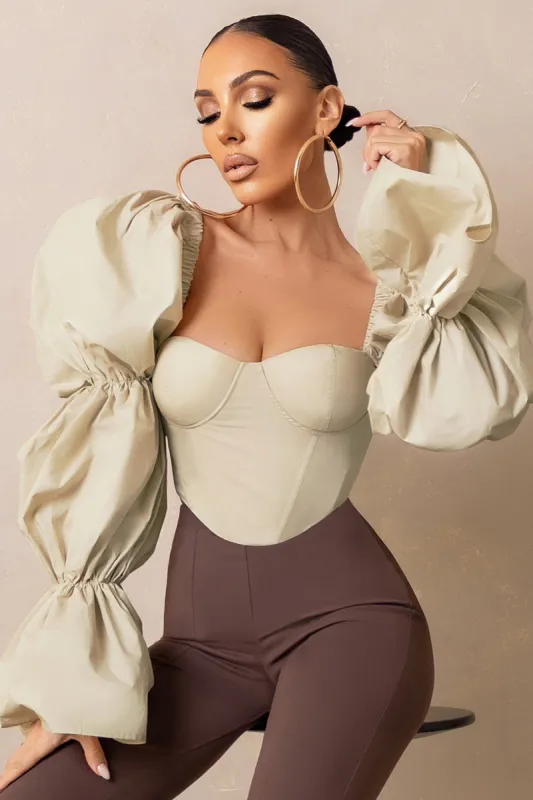Destiny | Cream Tiered Puff Sleeve Corset Top sold by Club L London