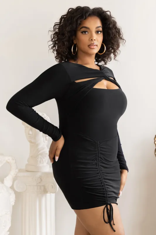 Happy Hour | Plus Black Twist Front Ruched Mini Dress sold by Club L London