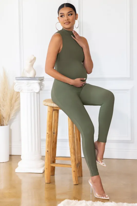 Go Baby | Khaki Maternity High Neck Sleeveless Jumpsuit sold by Club L London