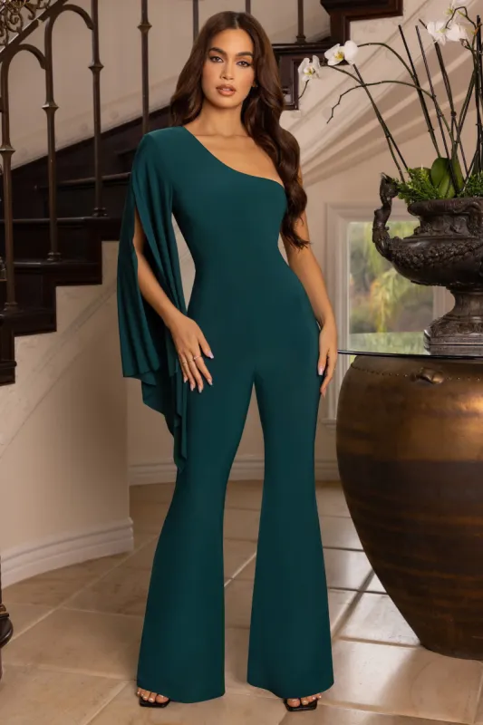 Reckless | Bottle Green One Shoulder Jumpsuit With Cape Sleeve sold by Club L London