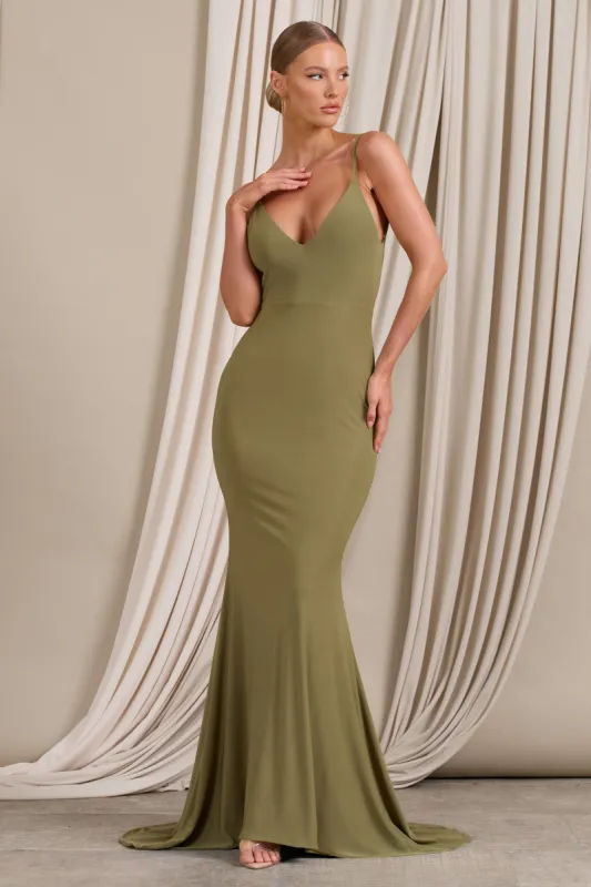 Endless Love | Olive Backless Knot Detail Fishtail Maxi Dress sold by Club L London