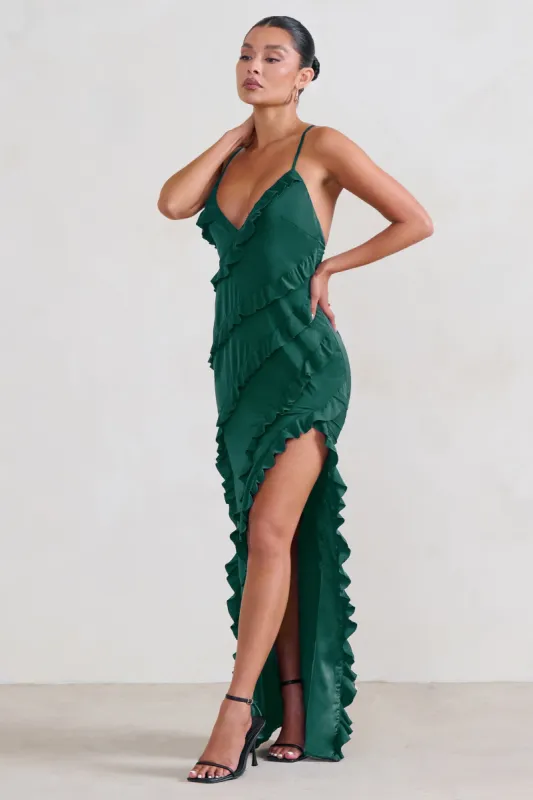 Run The World | Bottle Green Sweetheart Neckline Ruffle Maxi Dress sold by Club L London