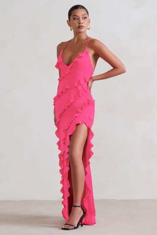 Run The World | Hot Pink Sweetheart Neckline Ruffle Maxi Dress sold by Club L London