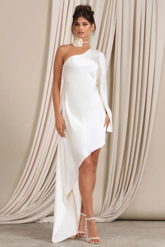 Hanna | Cream Asymmetric Draped Satin Mini Dress sold by Club L London