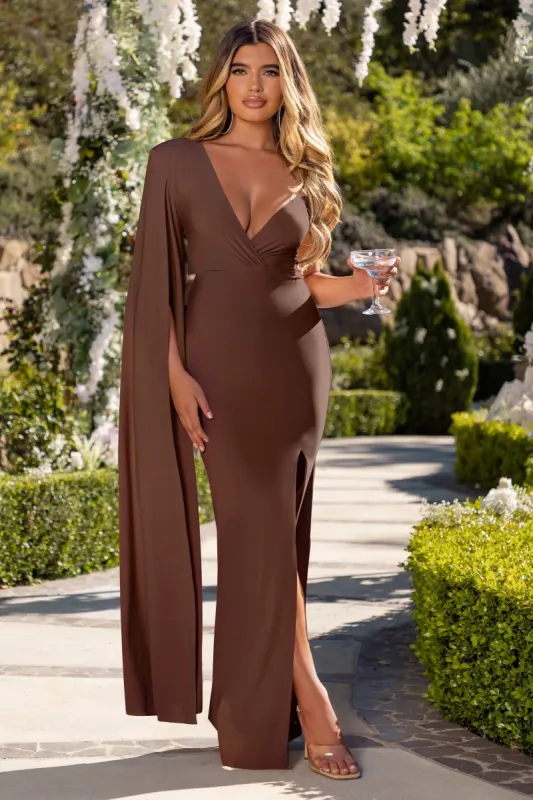 The Crown | Brown Plunge Front One Shoulder Maxi Dress sold by Club L London