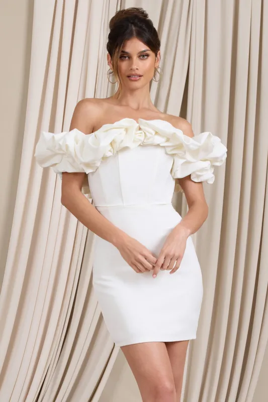 Dawn | White Ruffled Bardot Mini Dress sold by Club L London