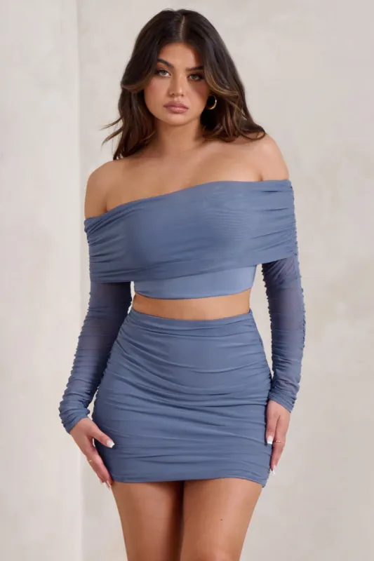 Rule Breaker | Dusty Blue Ruched Mesh Bardot Crop Top sold by Club L London