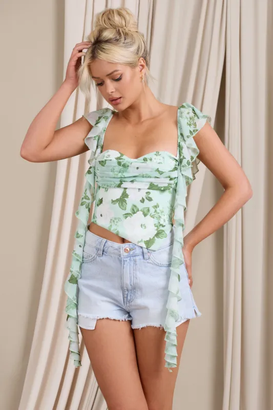 First Love | White & Green Floral Chiffon Cowl Crop Top With Ruffles made by Club L London