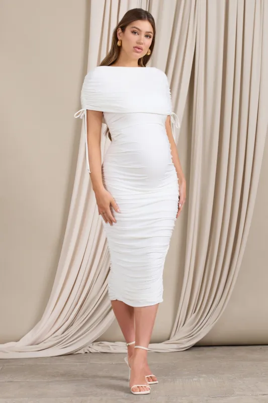 Roxanne | White Ruched Bardot Maternity Midi Dress sold by Club L London